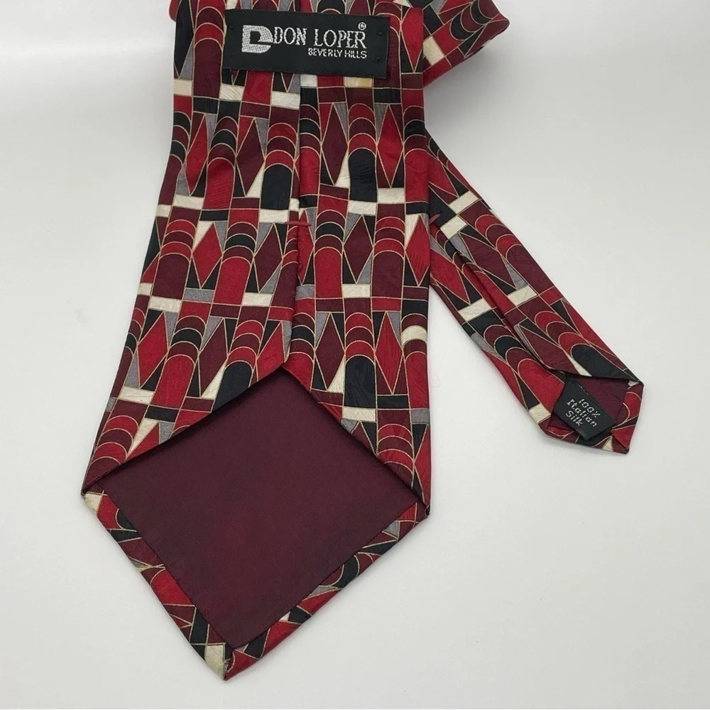 Don Loper Vintage Geometric 100% Italian Silk Tie Red Retro Designer Hollywood
